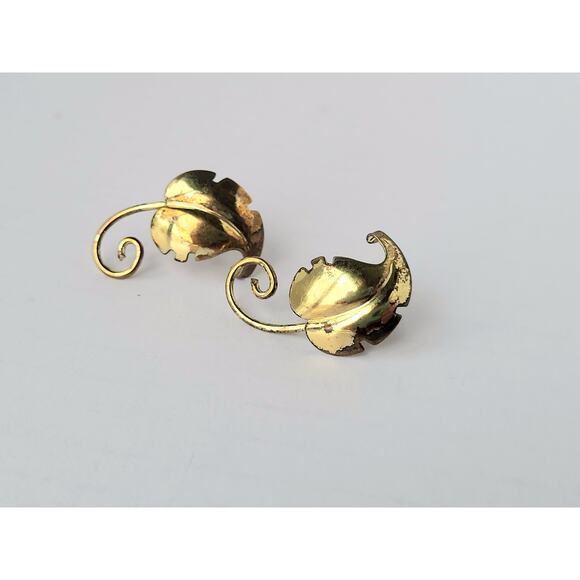 Antique Sterling Leaf Earrings Gold Plate Screw On 1940s - Picture 1 of 7